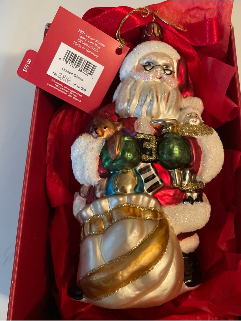 Vintage LENOX Yuletide Treasures 2001 Annual Christmas Ornament LE Santa w/ Toys